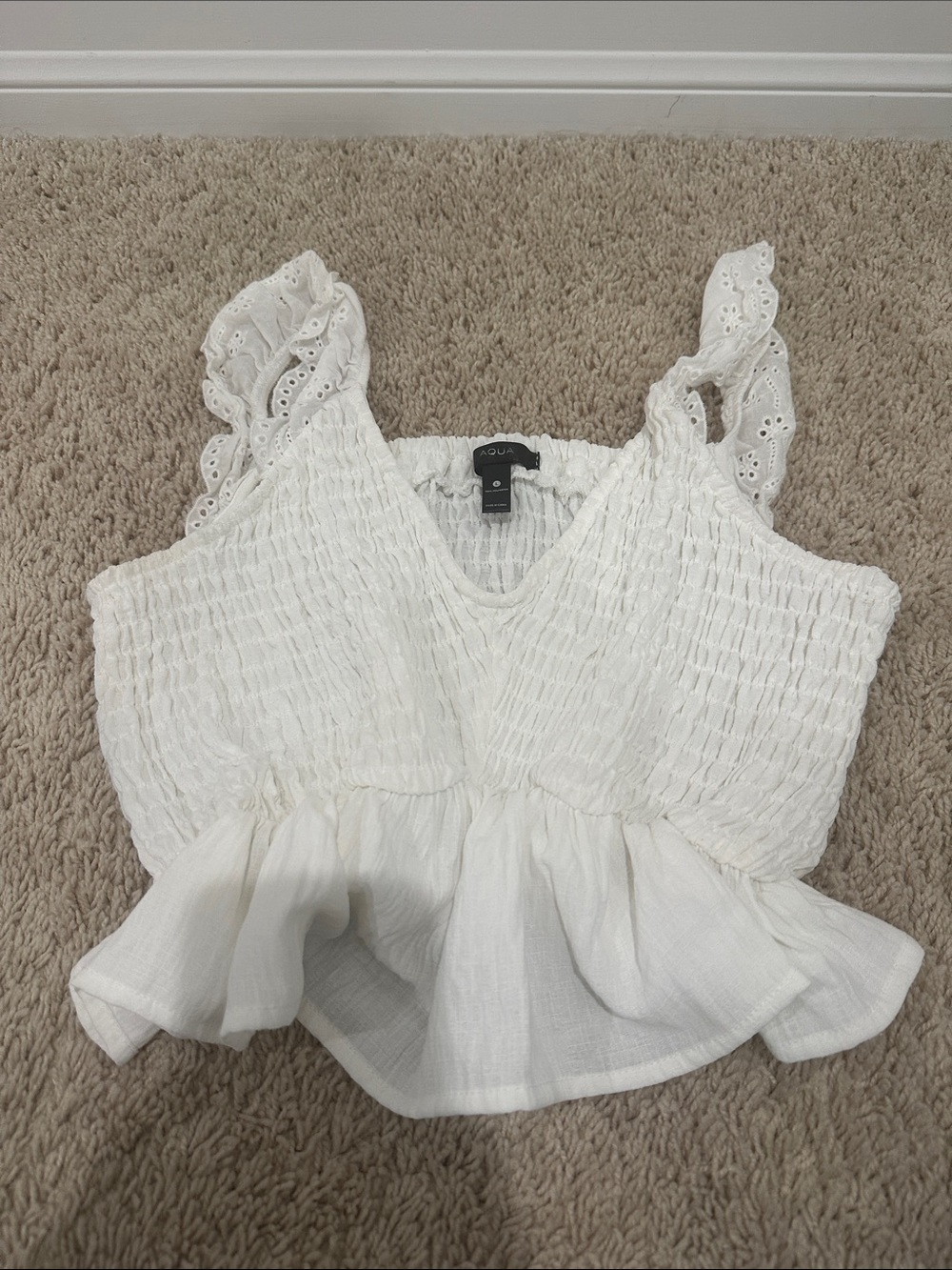 Aqua White Smocked Peplum Crop Top with Eyelet Ruffle Straps